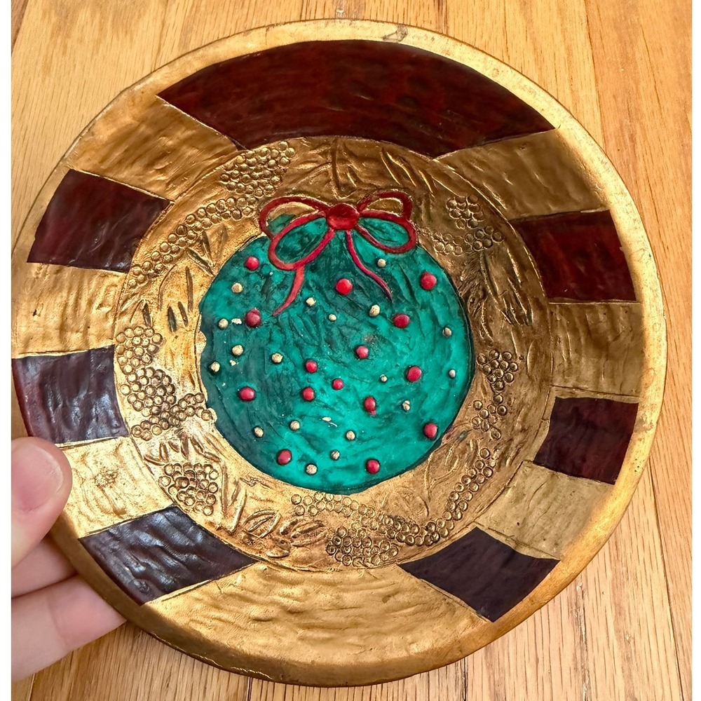 Handmade Christmas Ornament Decorative Metal Bowl Gold Teal Red Striped 6 Inch